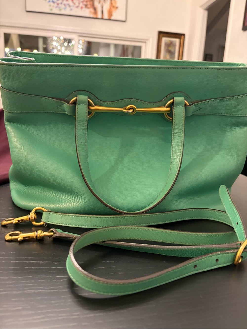 Green Gucci Leather Tote Bag with Gold Horsebit Hardware